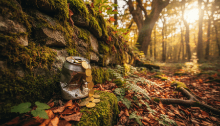 Canette en aluminium contenant des pièces d'or dans un mur de pierres