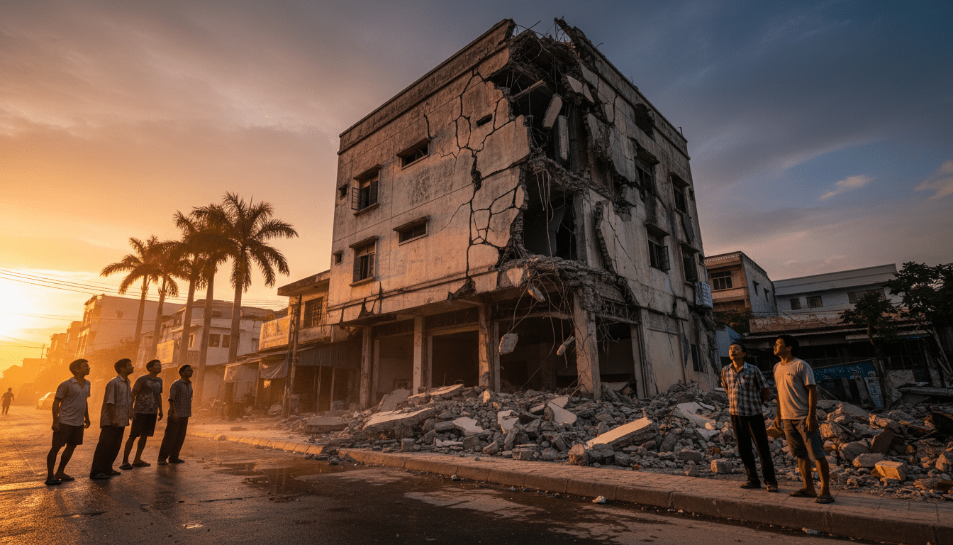Bâtiment endommagé par un séisme en Asie du Sud-Est