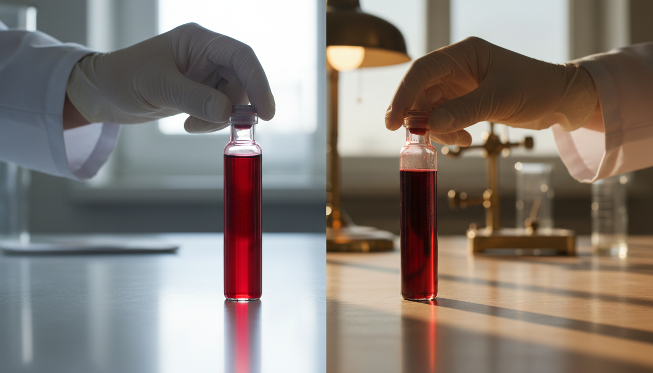 deux tubes de sang rouge vif et rouge foncé comparés
