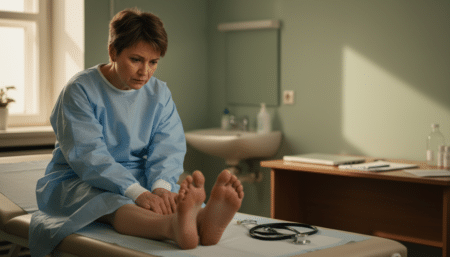 Patient diabétique examinant ses pieds chez le médecin