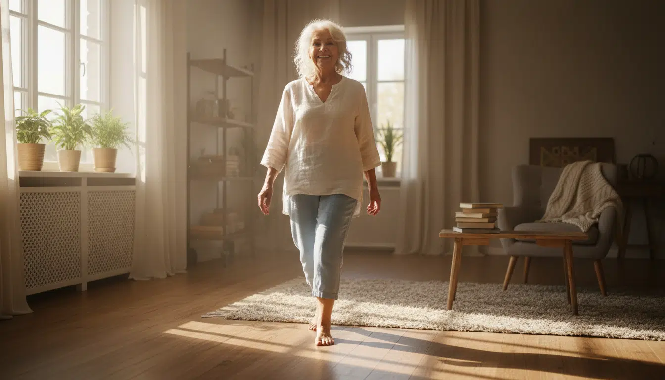 Personne âgée marchant pieds nus avec soulagement
