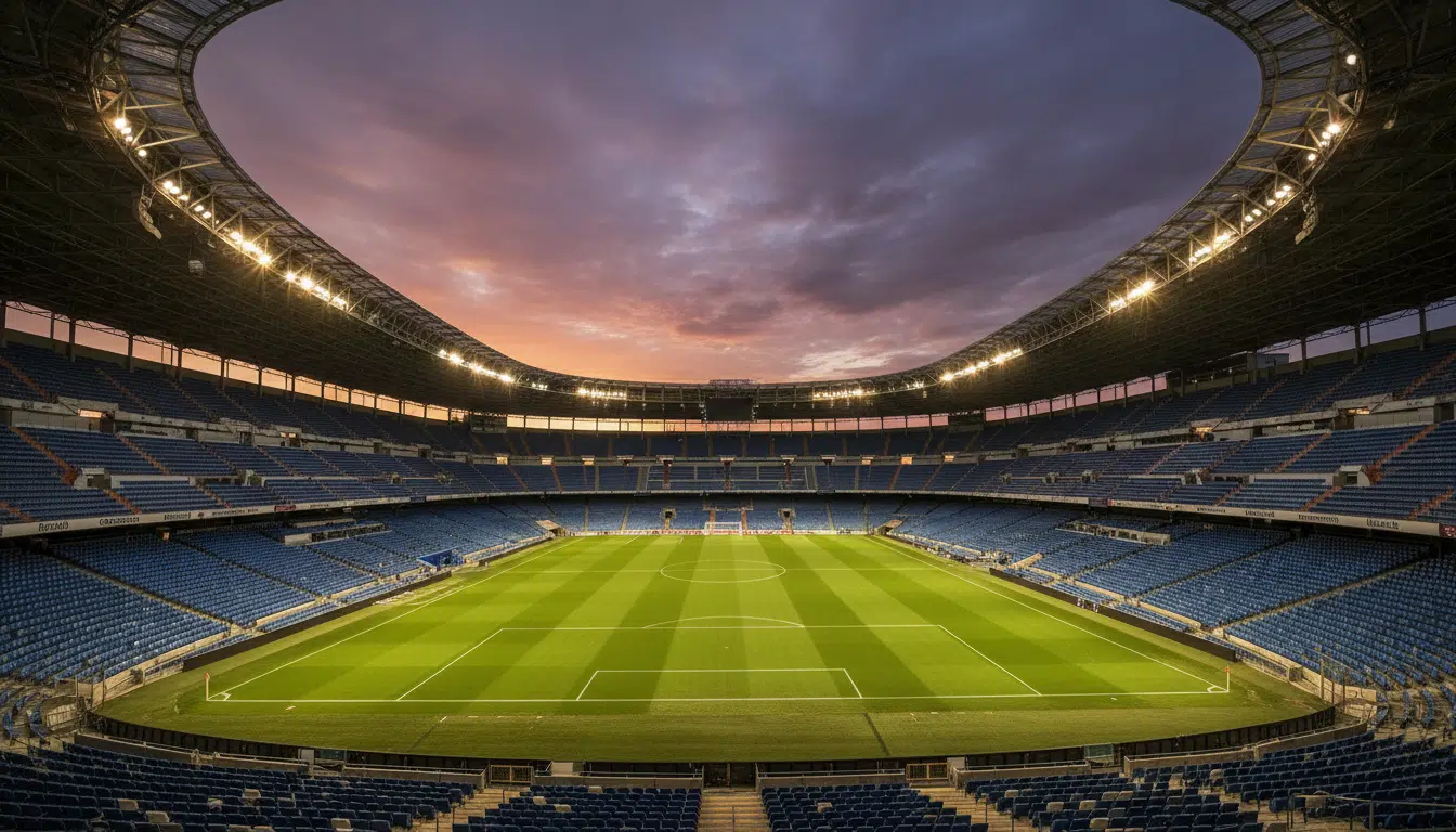 Le stade Santiago Bernabéu vide sous les projecteurs au crépuscule