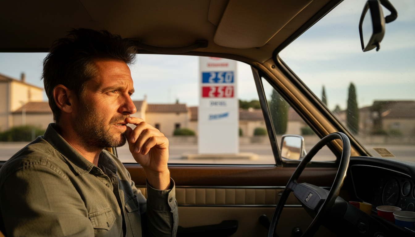 Automobiliste inquiet devant un prix de diesel élevé