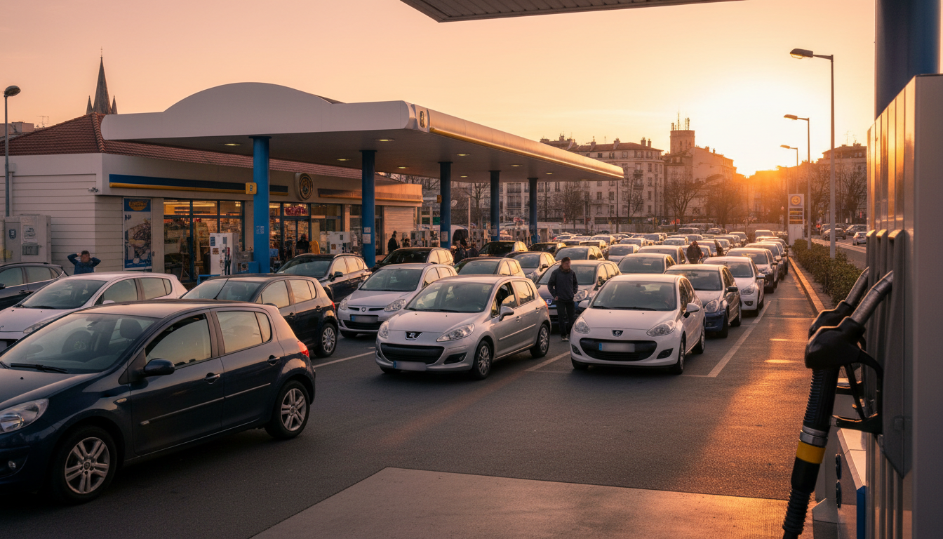 File de voitures dans une station-service française