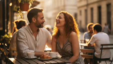 Couple souriant avec un léger écart d'âge en terrasse