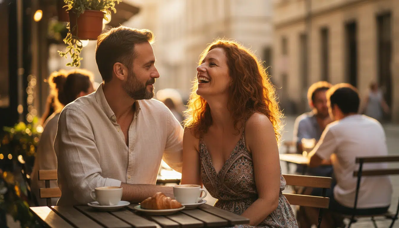 Couple souriant avec un léger écart d'âge en terrasse