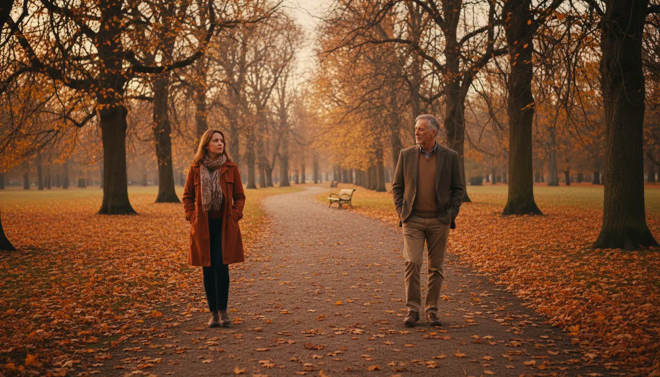 Homme et femme avec différence d'âge marchant dans un parc