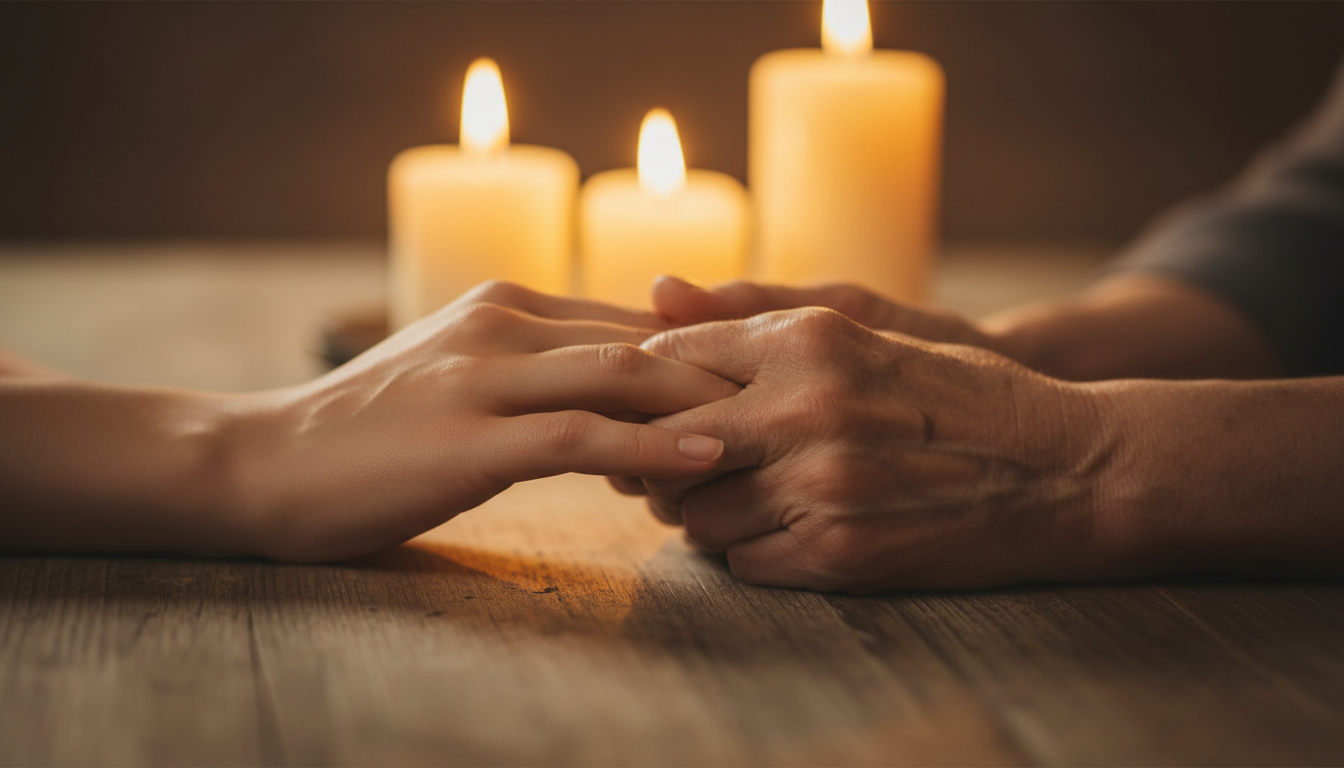 Mains entrelacées de deux personnes d'âges différents