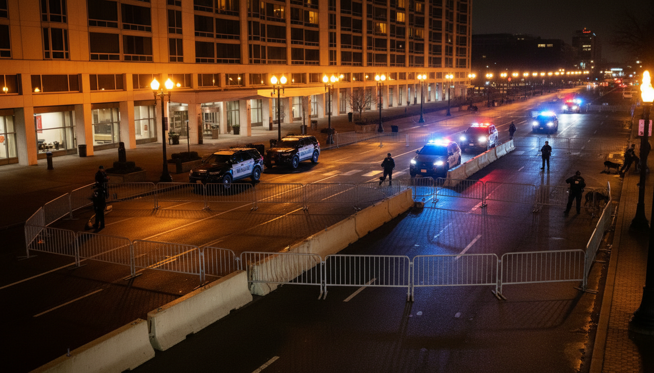 Hôtel Washington Hilton de nuit avec véhicules de police