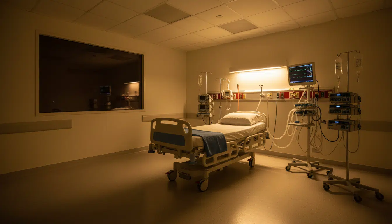 Couloir et chambre de réanimation hospitalière vide la nuit, éclairage chaud, matériel médical