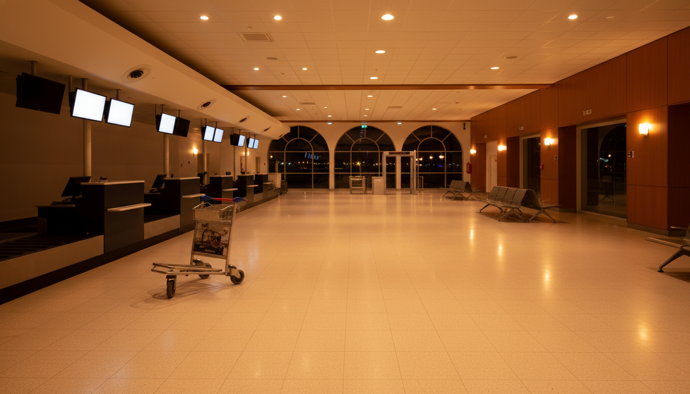 Hall de départ d'un aéroport régional français de nuit