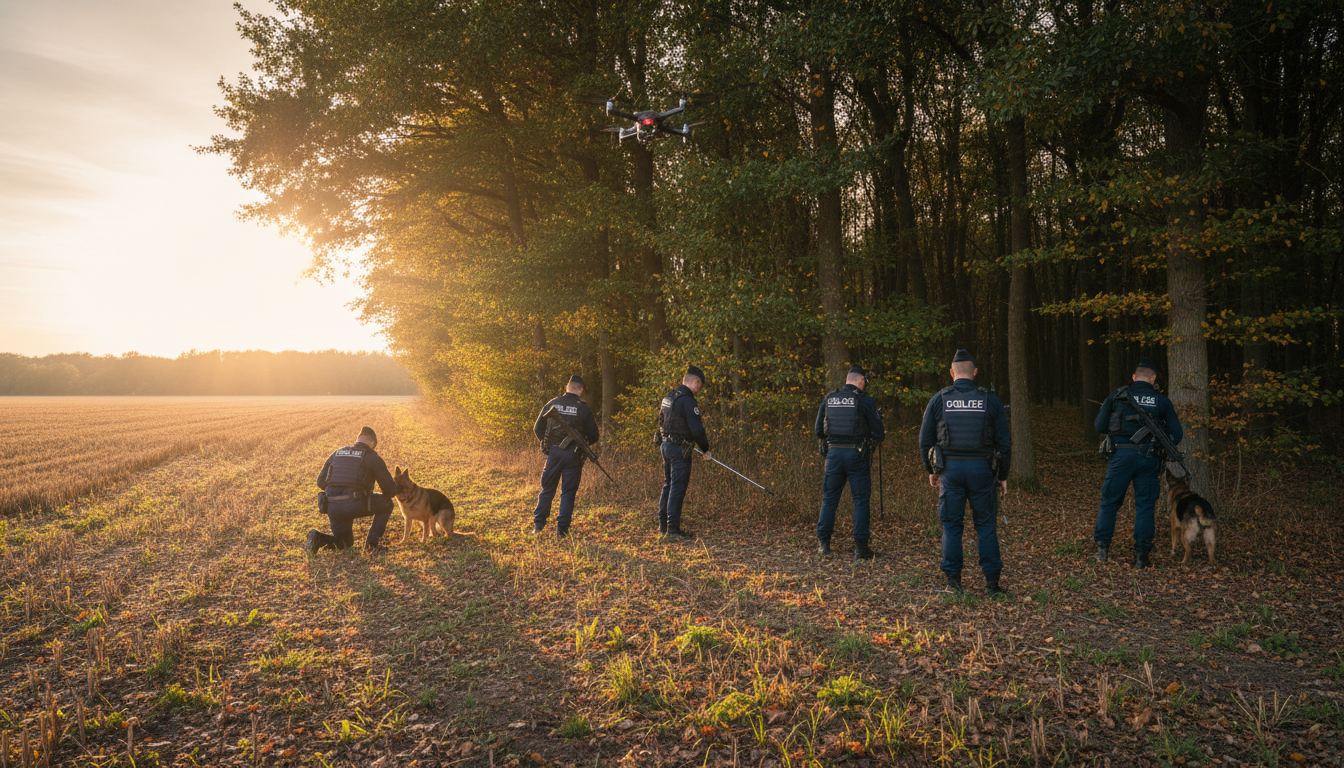 Gendarmes en recherche dans une zone boisée avec drone