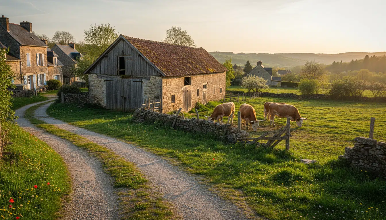 Exploitation agricole abandonnée dans un village français