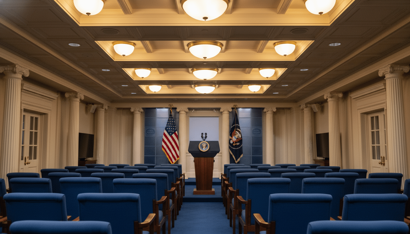 Salle de presse de la Maison Blanche vide avec le pupitre présidentiel et les drapeaux américains