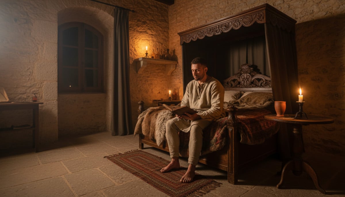Dormeur médiéval éveillé entre deux sommeils