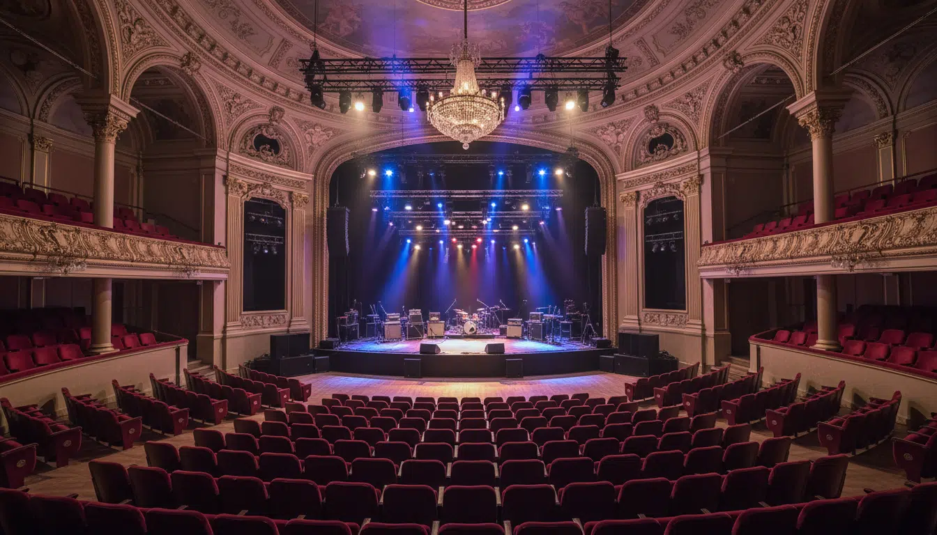 Salle de concert vide avec rangées de sièges rouges et projecteurs colorés sur scène, ambiance Palais des Congrès