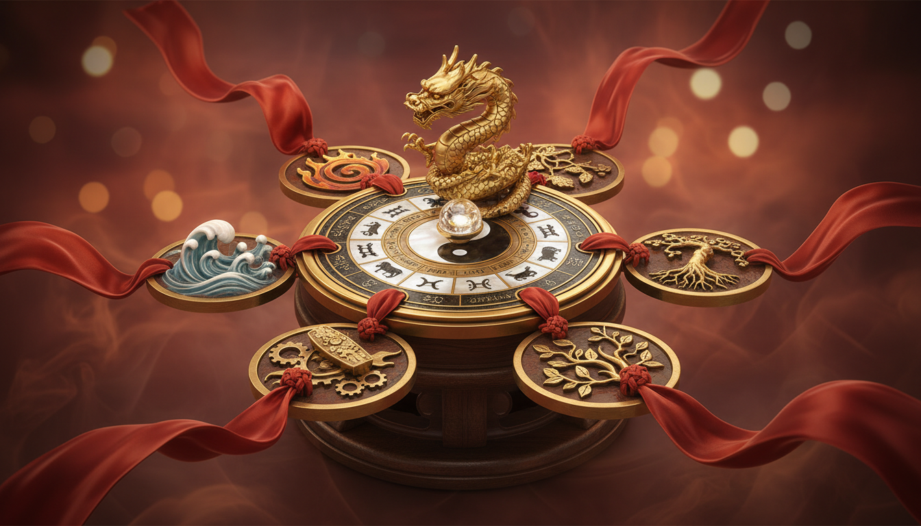 Dragon chinois de feu et de bois traversant un ciel d'aube au-dessus d'une silhouette triomphante