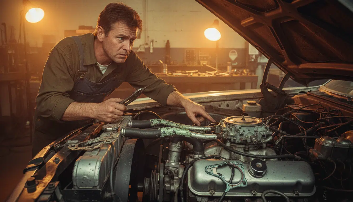 Mécanicien examinant un moteur ancien avec pièces corrodées