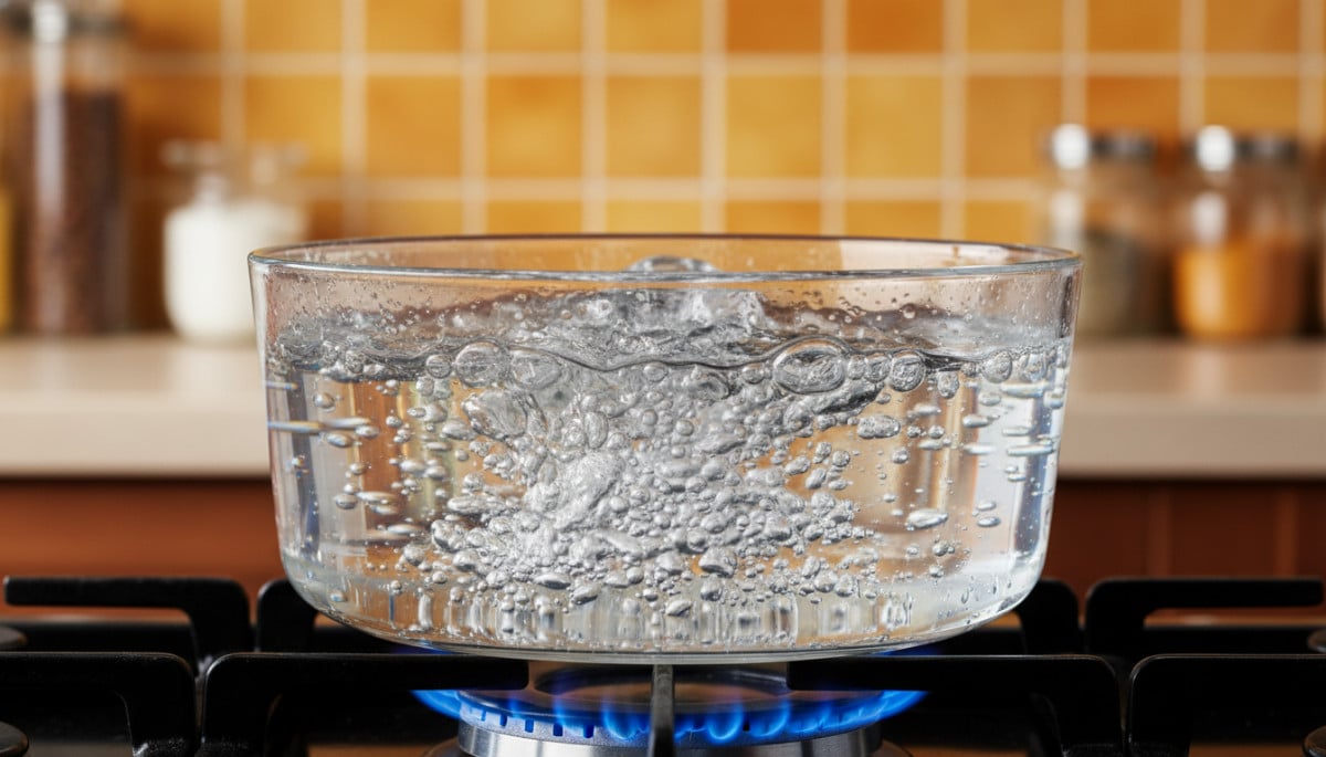 eau bouillant à gros bouillons dans une casserole transparente