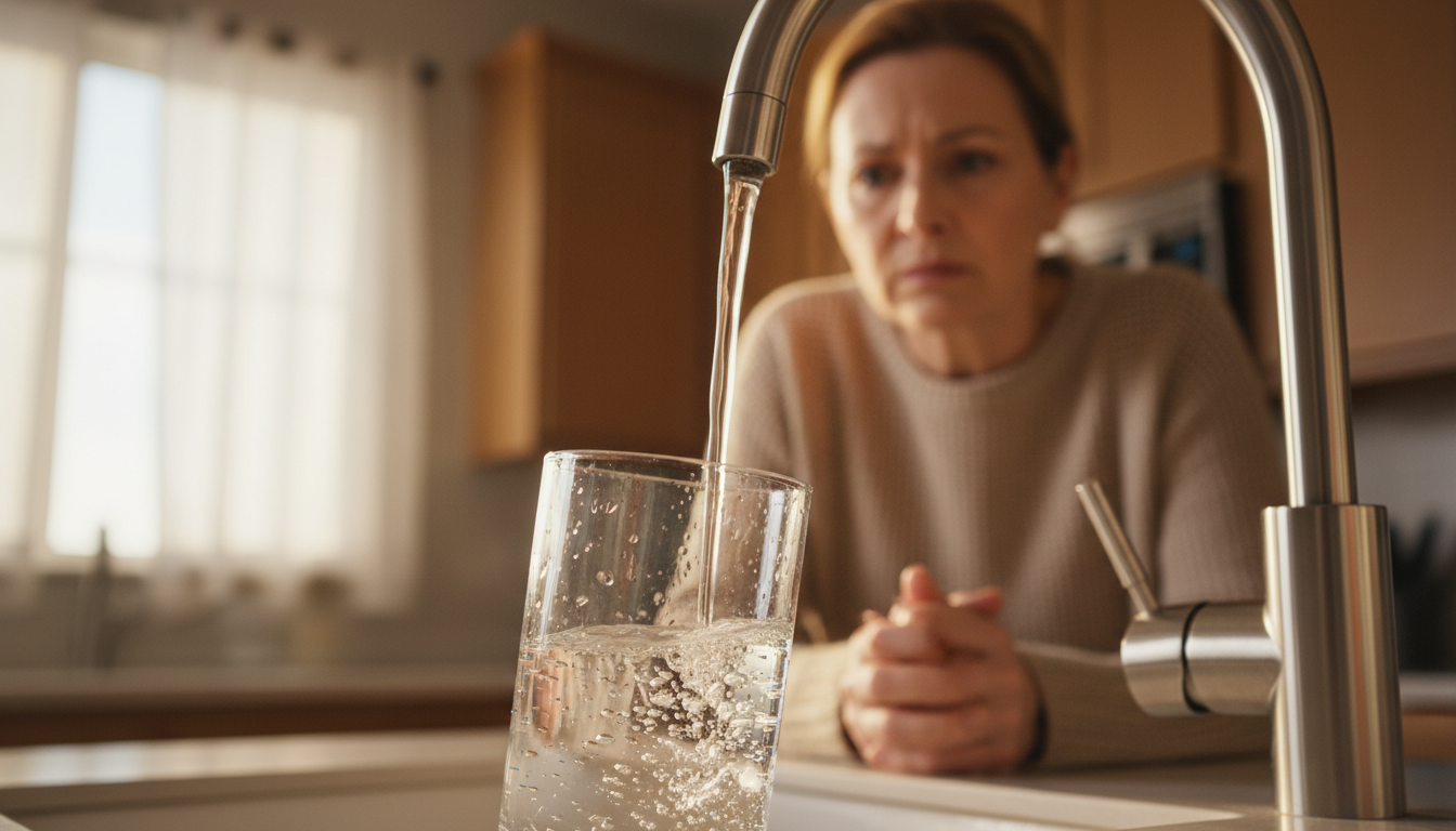Verre d'eau rempli au robinet de cuisine