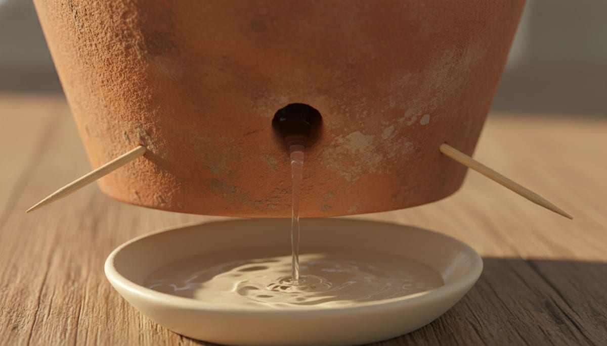 Eau s'écoulant sous un pot surélevé par des cure-dents