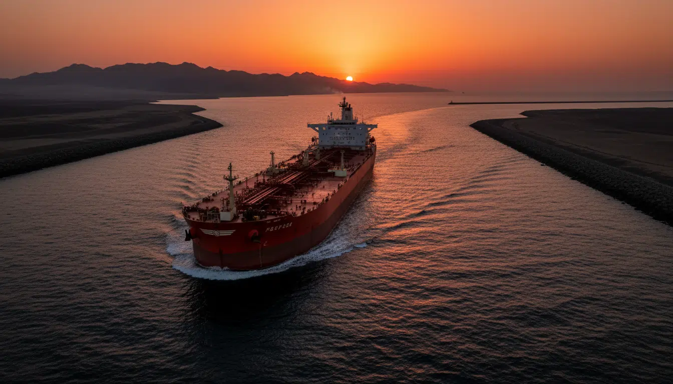 Pétrolier naviguant dans le détroit d'Ormuz au coucher du soleil