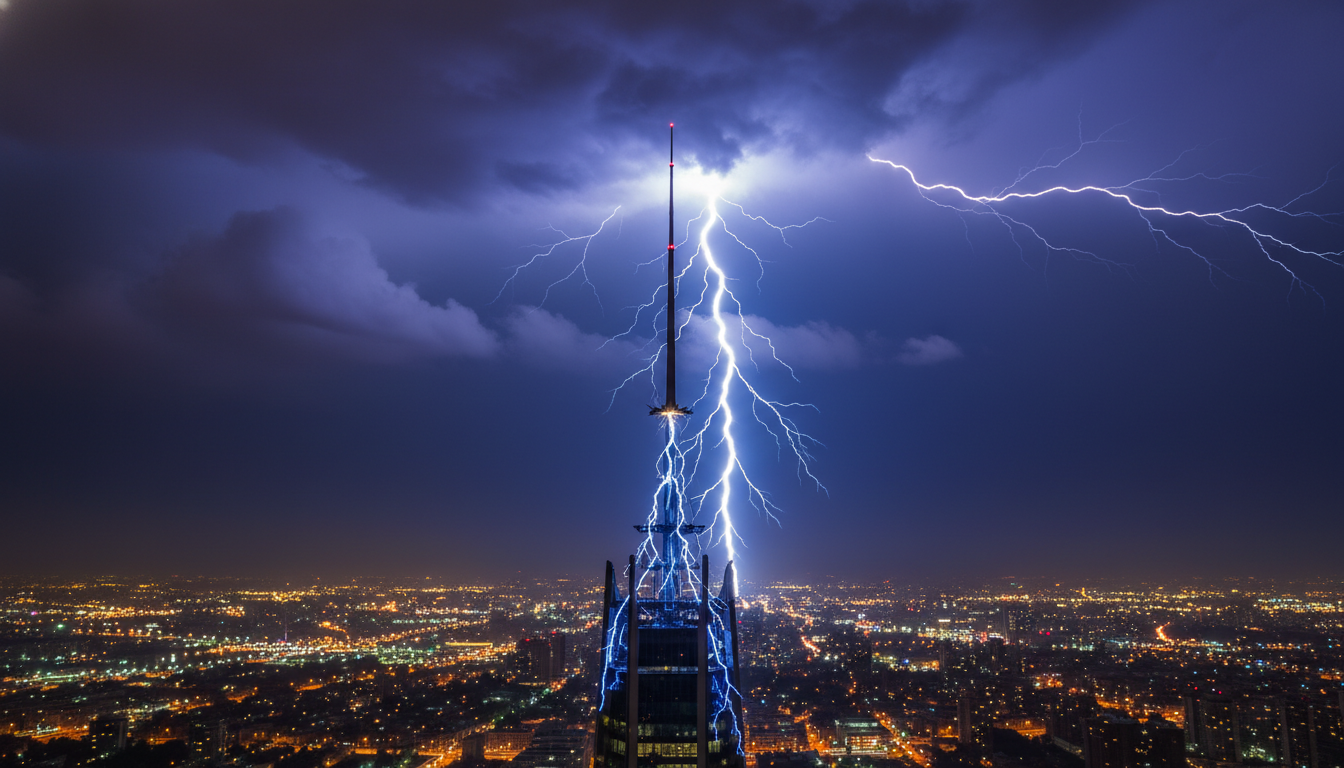 Éclair frappant un paratonnerre métallique la nuit