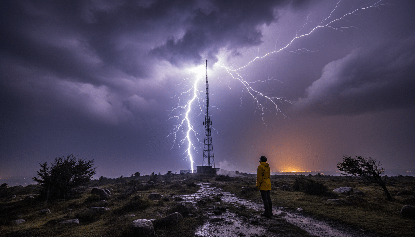 Éclair frappant une tour métallique sous l'orage