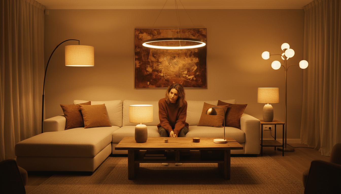 Salon avec cinq lampes allumées créant un éclairage trop uniforme