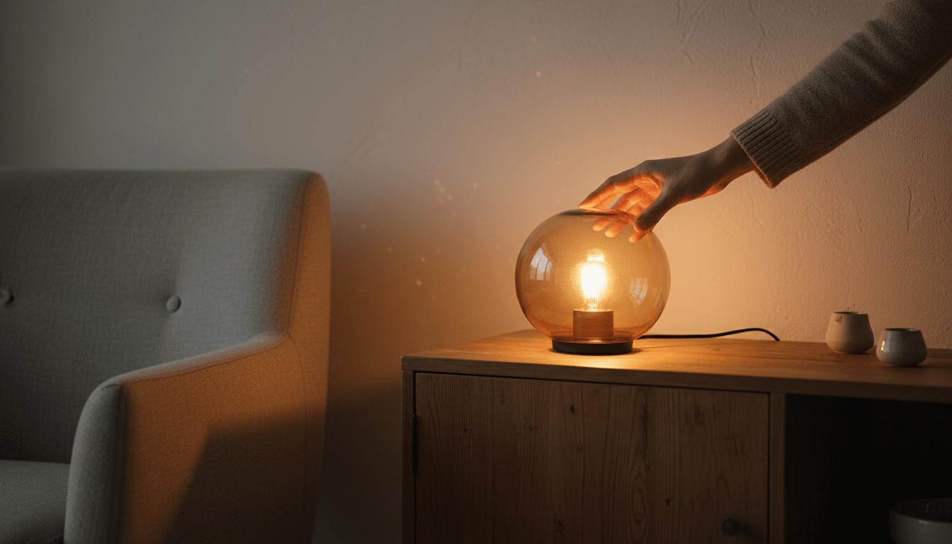 Lampe à poser placée à hauteur d'yeux sur un meuble bas