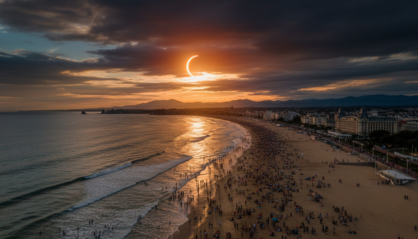 Côte de Biarritz sous un ciel assombri par l'éclipse solaire