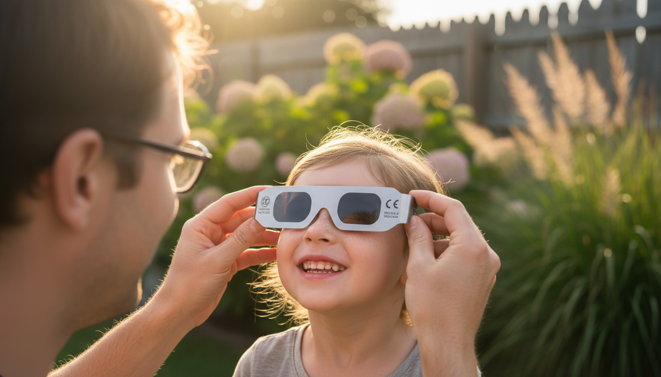 Enfant portant des lunettes de protection pour observer l'éclipse