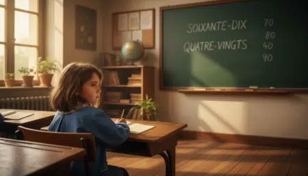 Écolier français devant tableau avec chiffres soixante-dix quatre-vingts