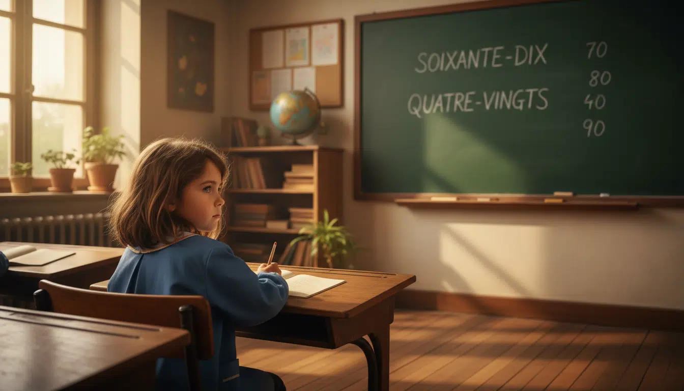 Écolier français devant tableau avec chiffres soixante-dix quatre-vingts