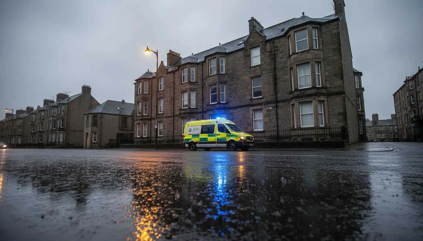 Ambulance devant un immeuble à Greenock en Écosse