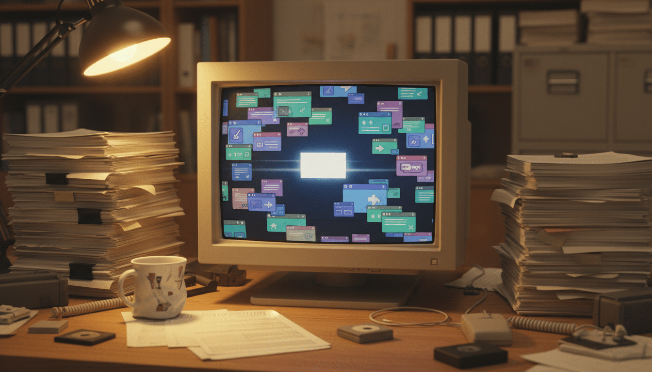 Écran d'ordinateur des années 1990 submergé par les premiers spams