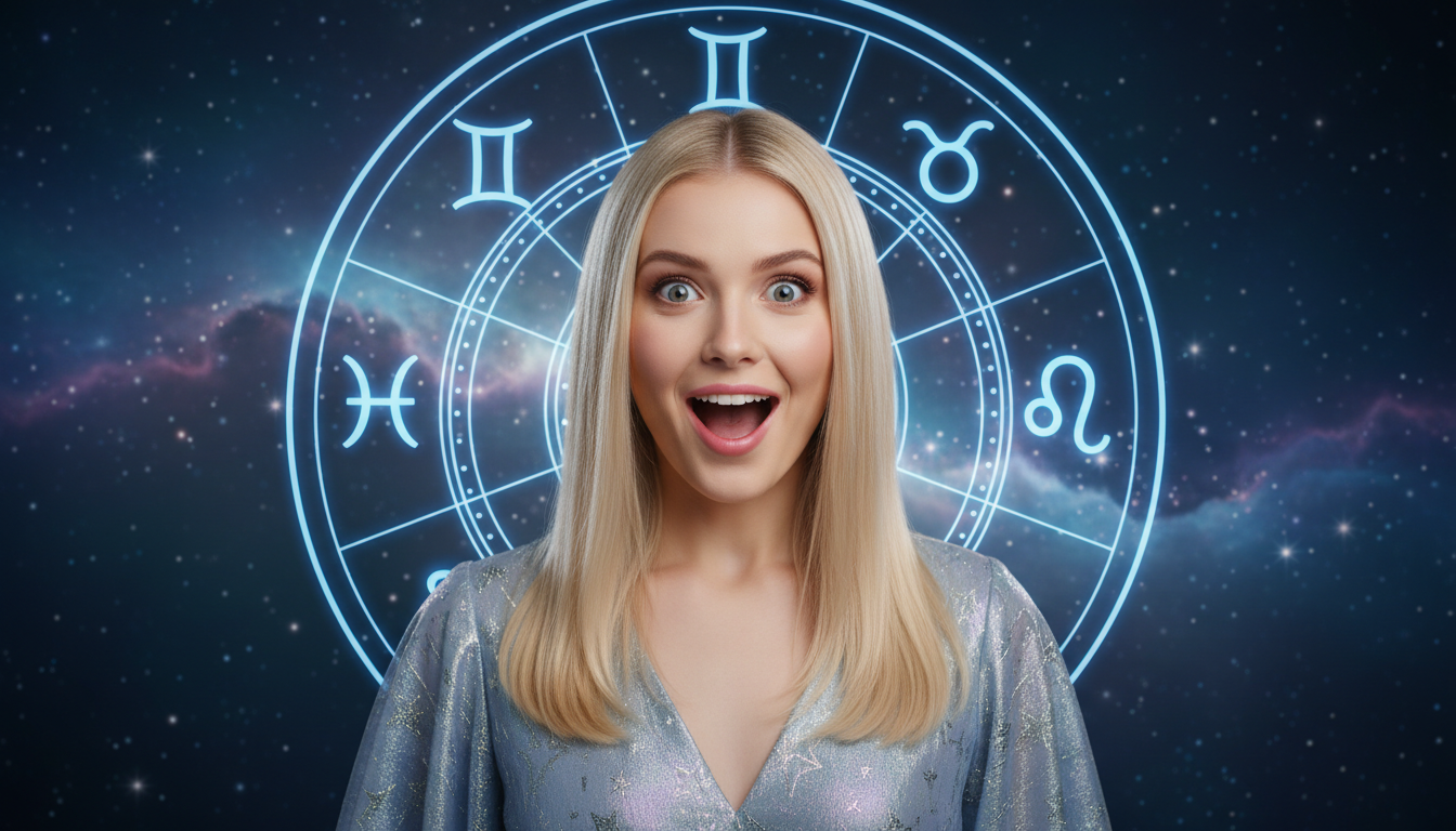 Editorial portrait photo of a young blonde woman with straight hair, looking at camera with amazed a