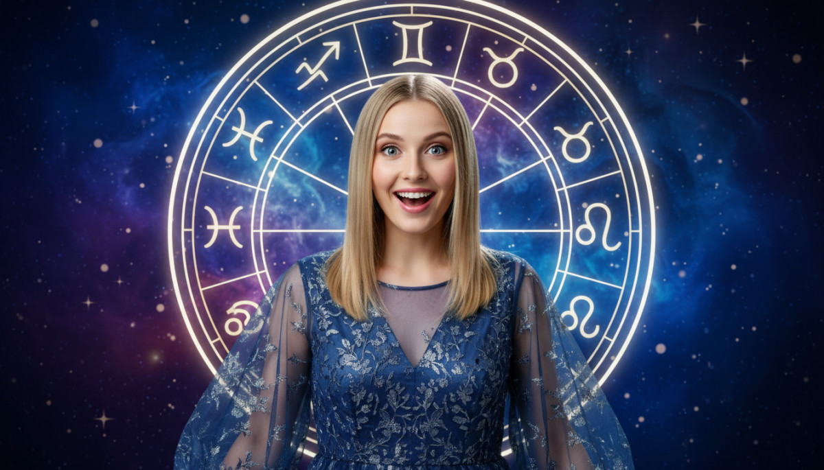 Editorial portrait photo of a young blonde woman with straight hair, looking at camera with amazed a