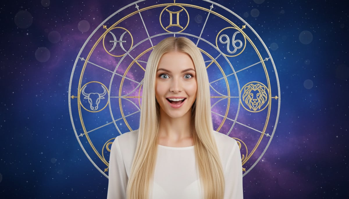 Editorial portrait photo of a young blonde woman with straight hair, looking at camera with amazed a