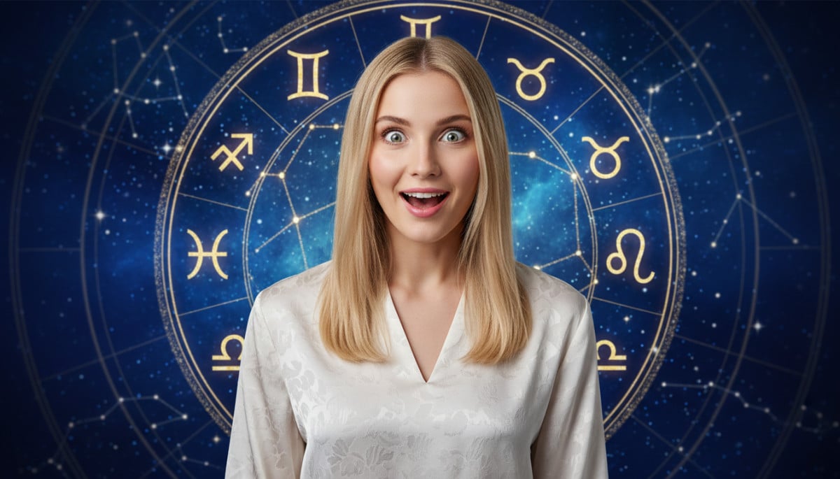 Editorial portrait photo of a young blonde woman with straight hair, looking at camera with amazed a