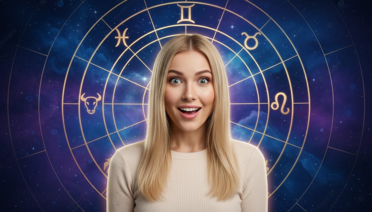 Editorial portrait photo of a young blonde woman with straight hair, looking at camera with amazed a