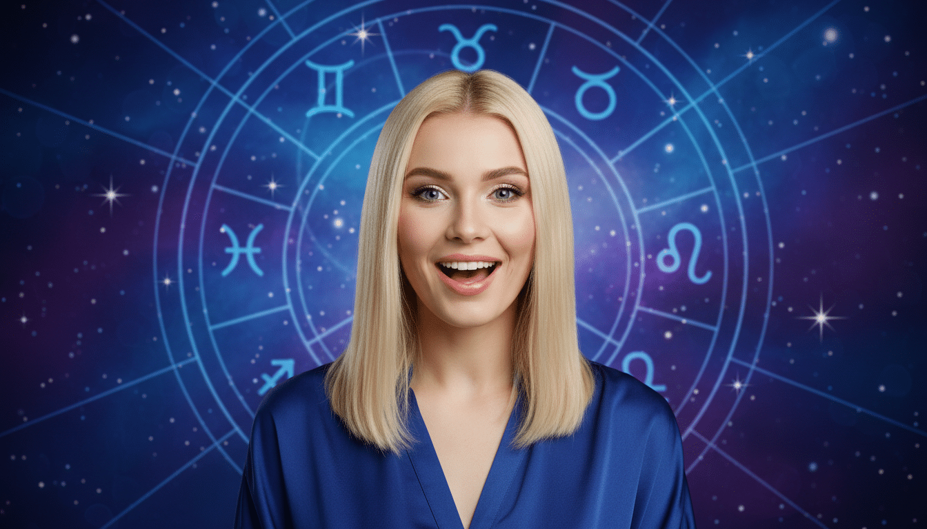 Editorial portrait photo of a young blonde woman with straight hair, looking at camera with amazed a