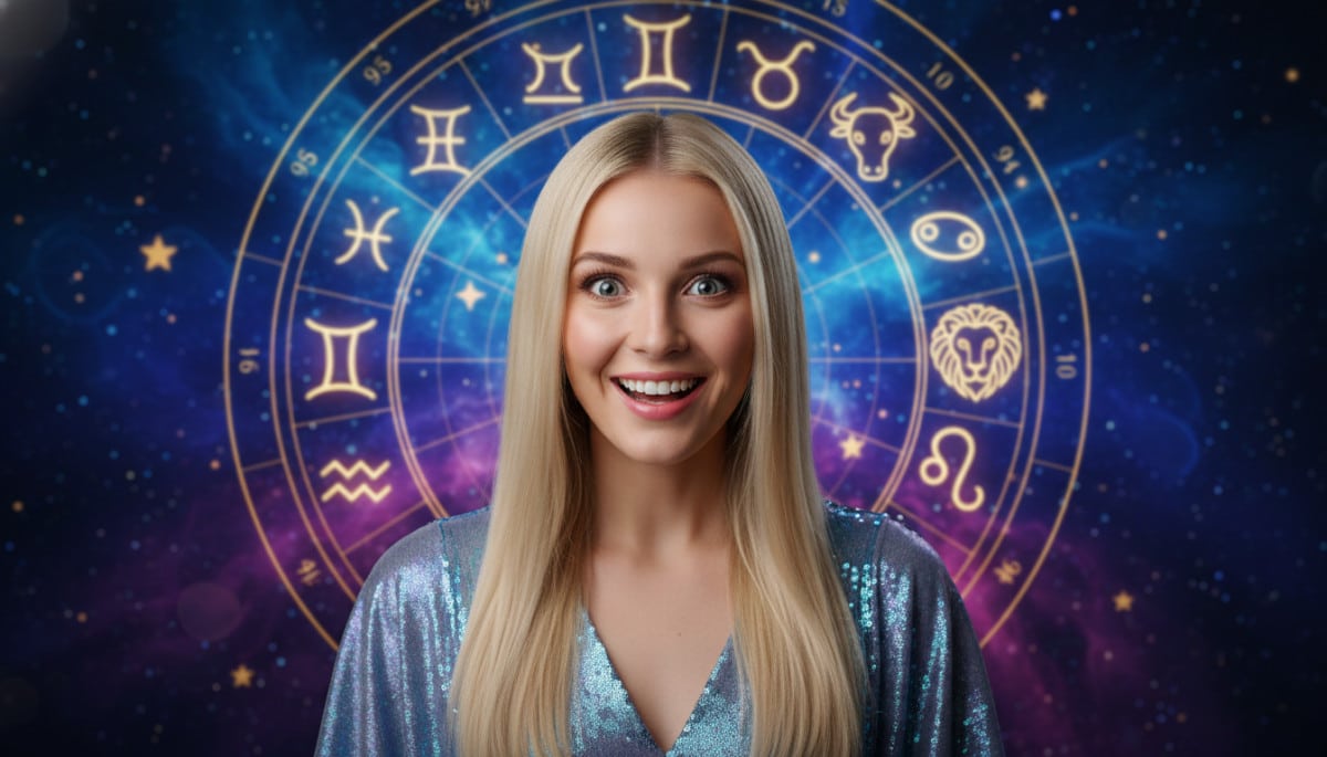 Editorial portrait photo of a young blonde woman with straight hair, looking at camera with amazed a