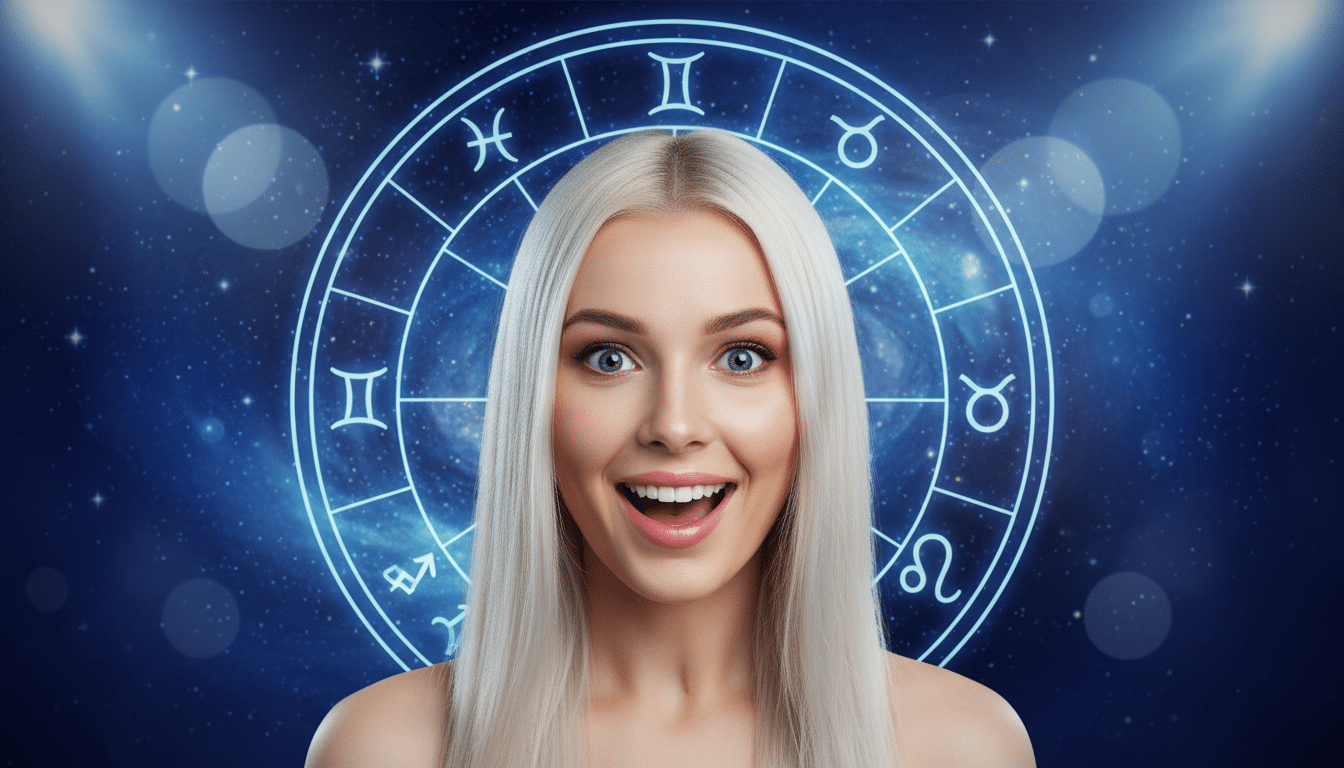 Editorial portrait photo of a young blonde woman with straight hair, looking at camera with amazed a