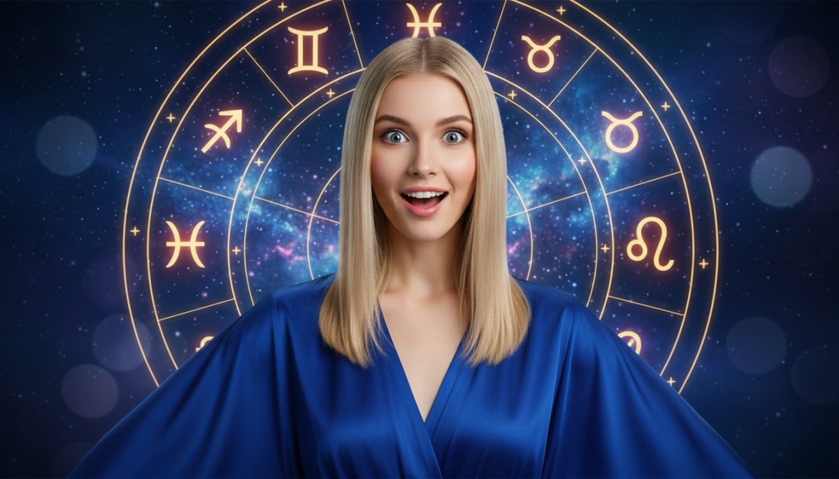 Editorial portrait photo of a young blonde woman with straight hair, looking at camera with amazed a