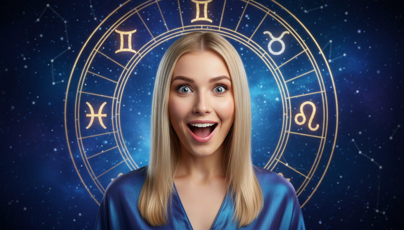 Editorial portrait photo of a young blonde woman with straight hair, looking at camera with amazed a