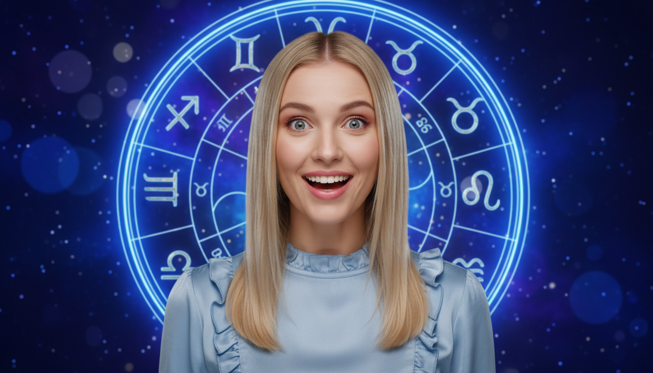 Editorial portrait photo of a young blonde woman with straight hair, looking at camera with amazed a