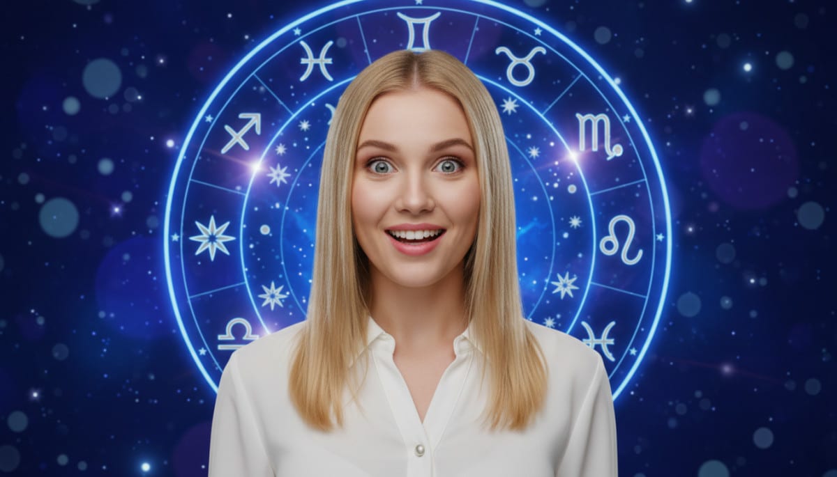 Editorial portrait photo of a young blonde woman with straight hair, looking at camera with amazed a