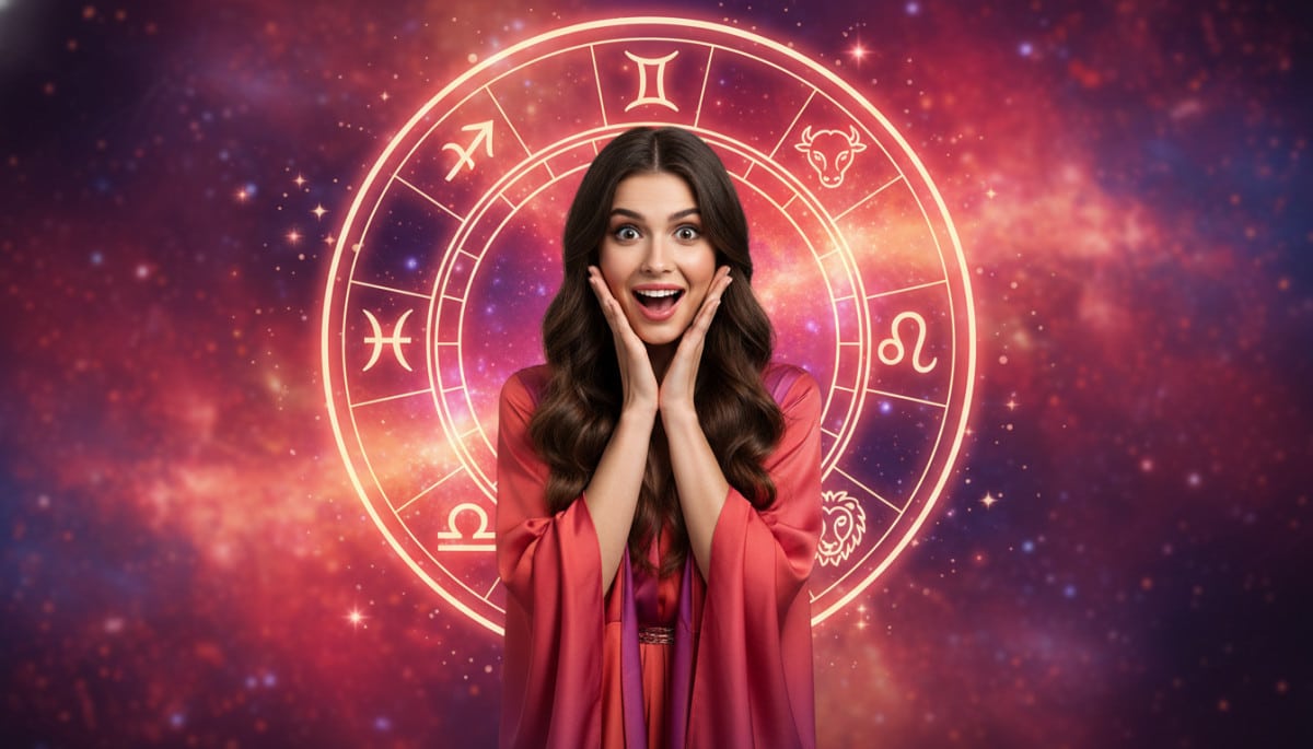 Editorial portrait photo of a young brunette woman with long hair, looking at camera with shocked an