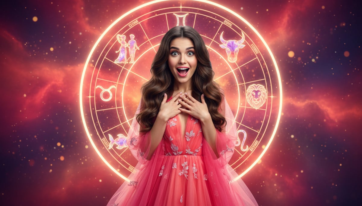Editorial portrait photo of a young brunette woman with long hair, looking at camera with shocked an